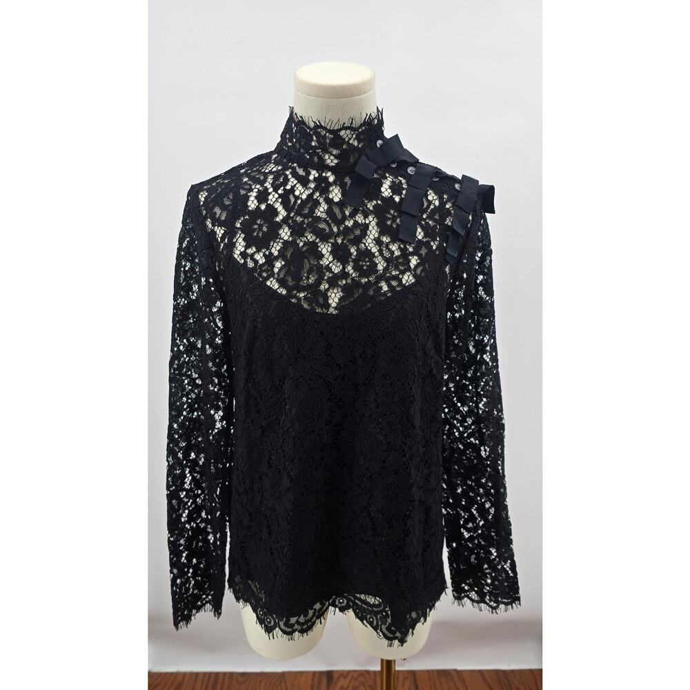 J.Crew‎ Black Lace Mock Neck Blouse Size 4 Romantic Academia Sheer Goth Top